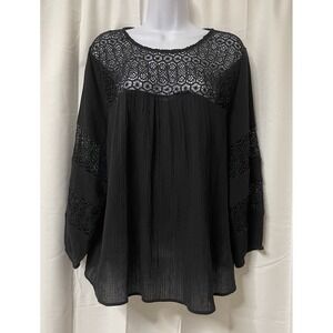 Old Navy Womens Top Black Cotton Gauze Crochet lace Boho Blouse Sz XL